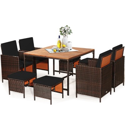 Tangkula Patio Dining Set Outdoor Furniture Set with Cushions Space-Saving Table with Acacia Wood Tabletop Rattan Chair and Ottoman Sets Black