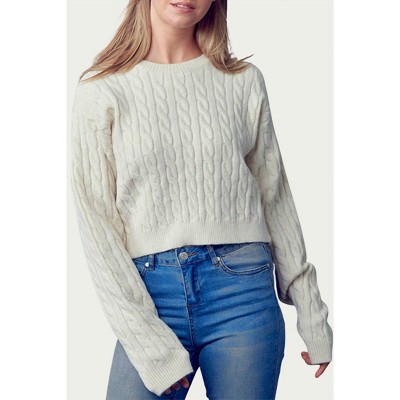 Women's CROPPED CABLE-KNIT CREWNECK SWEATER - Fore