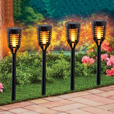 Set of 4 Black Solar-Powered Flickering Flame Pathlights