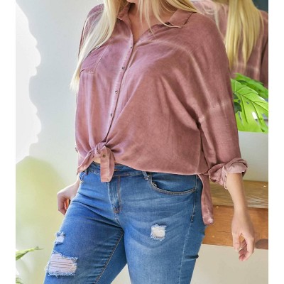 Women's Solid Button Down Long Sleeve Shirt - Plus - DAVI & DANI