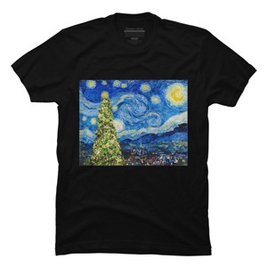 Men's Design By Humans Van Gogh Starry Night - Christmas Tree By bcstudio T-Shirt - 1 of 4