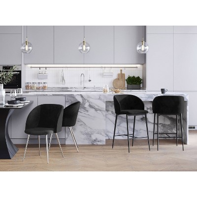 Fran Black Velvet and Metal 26" Counter Stools, Set of 2