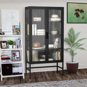 61inch Storage Cabinet with Double Glass Doors, Bookshelf Cabinet with 3-Tier Adjustable Shelves and Feet Cold-Rolled Steel Sideboard - 1 of 4