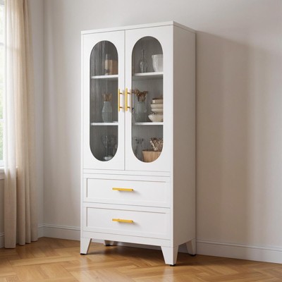 73.6" Metal Pantry Storage Cabinet, White Metal Storage Cabinet with Adjustable Shelves & Glass Doors & Drawers, for Kitchen, Living, Bath, Tool Room