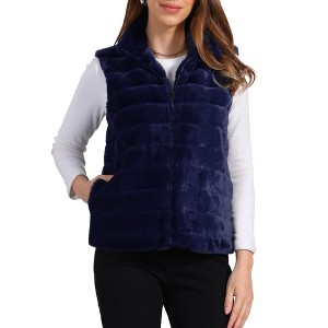 INSPIRE CHIC Women's Stand Collar Fully Lined Sleeveless Faux Fur Fluffy Zip Vest - 1 of 4