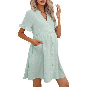 Maternity Swiss Dot Dress Summer V Neck Short Sleeve Button Down Mini Dress Baby Shower Photoshoot with Pockets