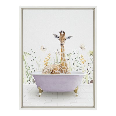 Giraffe in Spring Bath Framed Canvas Wall Art, 18x24, White