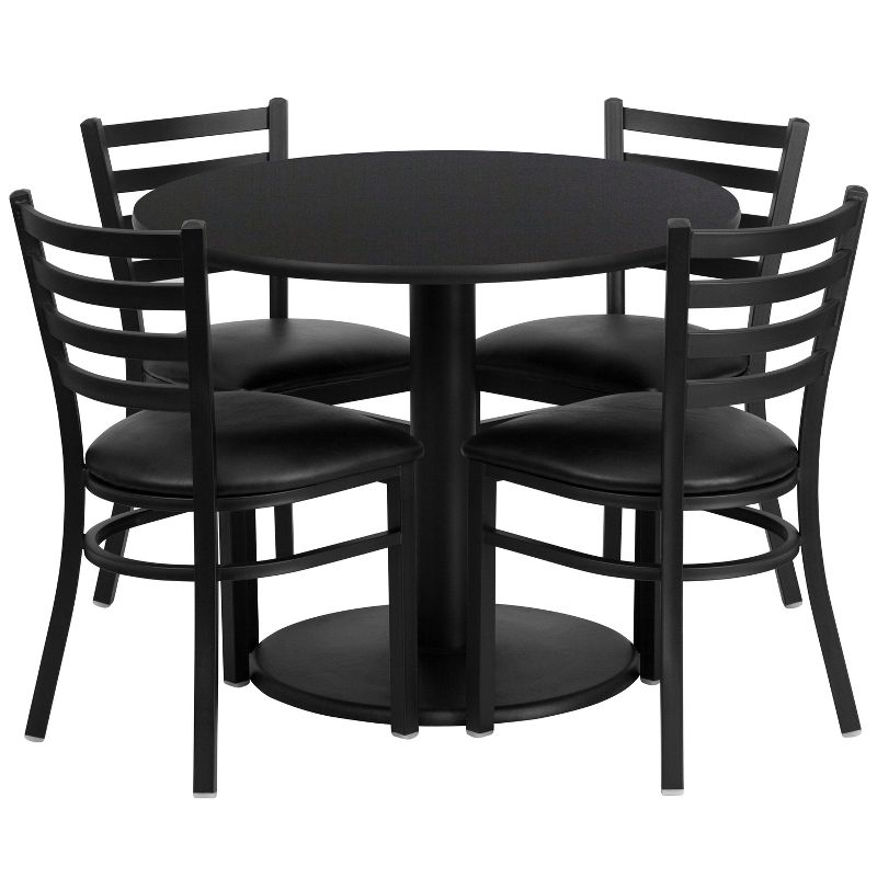 Flash Furniture 36'' Round Black Laminate Table Set with Round Base and 4 Ladder Back Metal Chairs - Black Vinyl Seat, 1 of 3