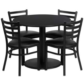 Flash Furniture 36'' Round Black Laminate Table Set with Round Base and 4 Ladder Back Metal Chairs - Black Vinyl Seat