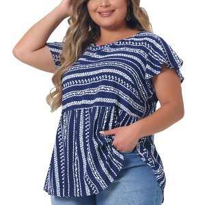 Agnes Orinda Women's Plus Size Boho Floral Printed Round Neck Butterfly Sleeve Babydoll Blouses - 1 of 4