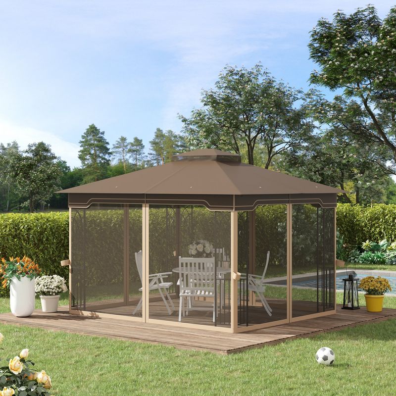 Outsunny 10' x 12' Patio Gazebo Outdoor Canopy Shelter with Double Tier Roof and Netting Sidewalls for Garden, Lawn, Backyard and Deck, Brown, 3 of 7