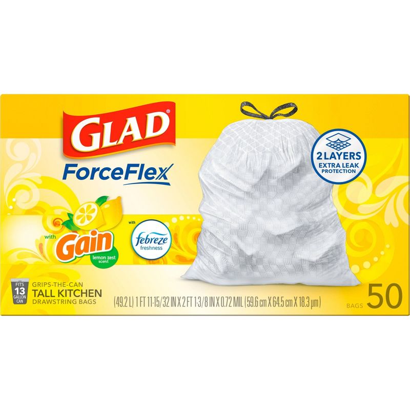 Glad ForceFlex DrawString Trash Bags - Lemon Zest - 13 Gallon - 50ct, 2 of 9