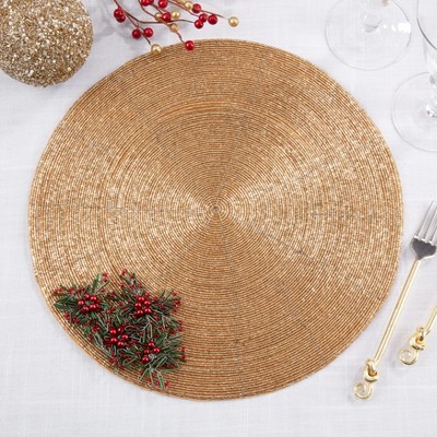 Gold Beaded Floral Round Placemats Set of 4