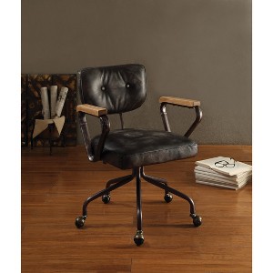 TiramisuBest Vintage Black Leather Office Chair: Padded Back, Swivel Seat, 5 - Star Base, Wooden Armrests - 1 of 4