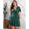 Women Plus Size V Neck Wrap Dress High Waist Short Sleeve Ruffle Casual Summer Midi Dress with Belt,dark green,5XL - 2 of 4