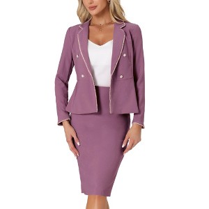 INSPIRE CHIC Women's Business Suit Tweed Trim Blazer and Skirt Suit Set 2 Pieces - 1 of 4