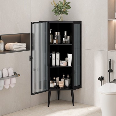 NicBex Corner Cabinet with Doors,Corner Storage Cabinet with Tempered Glass,2/3-Tier Shelves Floor Storage Cabinet for Bathroom,Bedroom