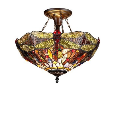 Chloe Lighting Dragan Tiffany-Style 2 Light Dragonfly Semi-Flush Ceiling Fixture 16" Shade
