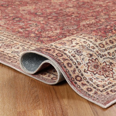 Vintage Medallion Red and Beige Synthetic Non-Slip Area Rug, 4'x6'
