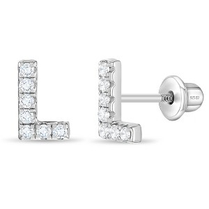 Girl's Cubic Zirconia Letter Initial Screw Back Sterling Silver Earrings - In Season Jewelry - 1 of 4