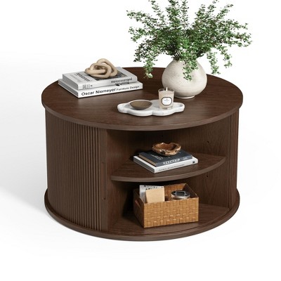 Round Fluted Coffee Table with Large Storage, Mid-Century Style, Sliding Tambour Door for Living Room
