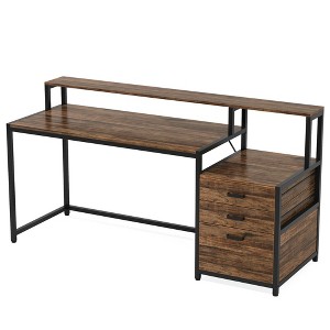 Resenkos Computer Desk, Office Desk, Study Desk,63" Computer Desk, Ergonomic Office Desk with Drawers & Monitor Stand,Rustic Brown - 1 of 3