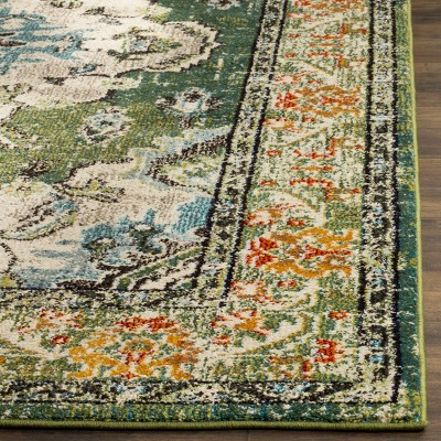 Boho-Chic Forest Green and Light Blue Rectangular Rug