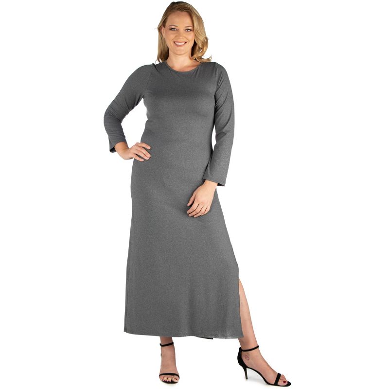 24seven Comfort Apparel Long Sleeve Side Slit Fitted Black Plus Size Maxi Dress, 1 of 5