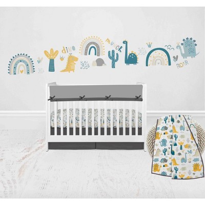 Bacati - Little Dino Boys Teal/Yellow Muslin 5 pc Crib Bedding Set with Long Crib Rail Guard Cover