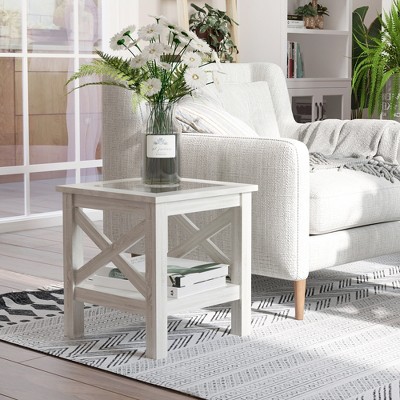 White Oak Farmhouse End Table with Glass Top and Storage Shelf