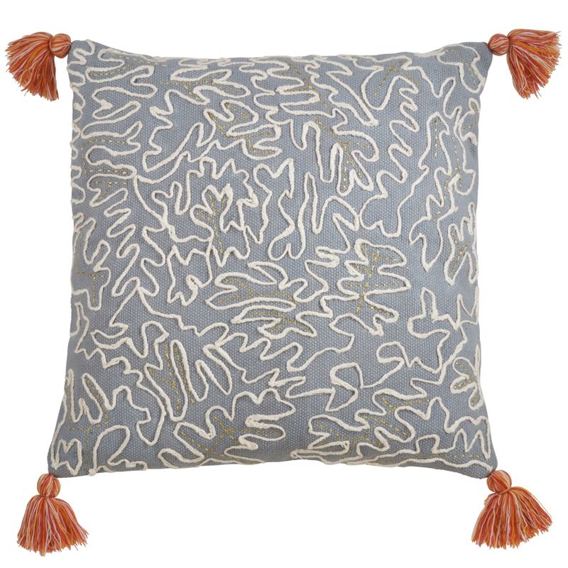 Saro Lifestyle Tasseled Doodle Pillow - Down Filled, 22" Square, Duck Egg Blue, 1 of 4