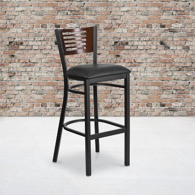 Walnut Wood Back Black Vinyl Seat Metal Barstool