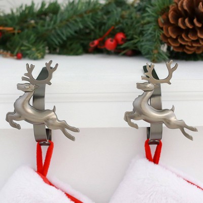 Pewter Reindeer Metal MantleClip Stocking Holders, 2-Pack