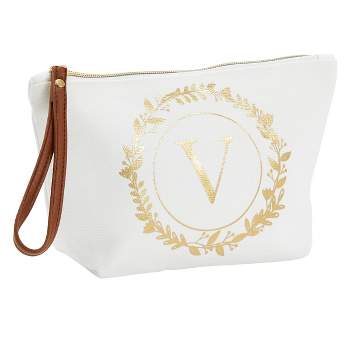 Glamlily Gold Initial V Personalized Makeup Bag for Women, Monogrammed Canvas Cosmetic Pouch (White, 10 x 3 x 6 In)