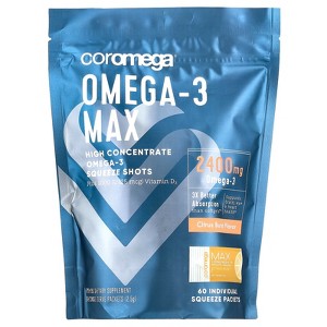 Coromega Omega-3 Max, High Concentrate Squeeze Shots, Citrus Burst, 60 Individual Squeeze Packets, 2.5 g Each - 1 of 2
