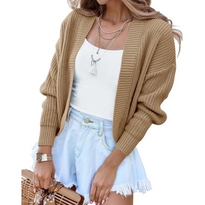 Coolmee Women's Long Sleeve Open Front Knit Cropped Cardigan Sweaters Casual Drop Shoulder Short Shrugs Sweater Coats