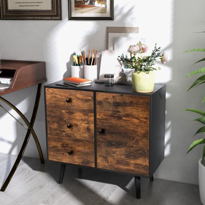 Industrial Brown Wood Accent Cabinet with Drawers and Door