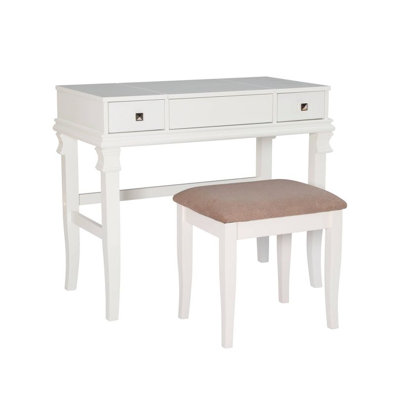 Adler Traditional Wood 2 Drawer Lift Top Mirror Vanity and Upholstered Stool White - Linon, 4 of 19