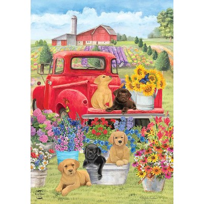 Spring Day Puppies Garden Flag with Red Truck and Flowers