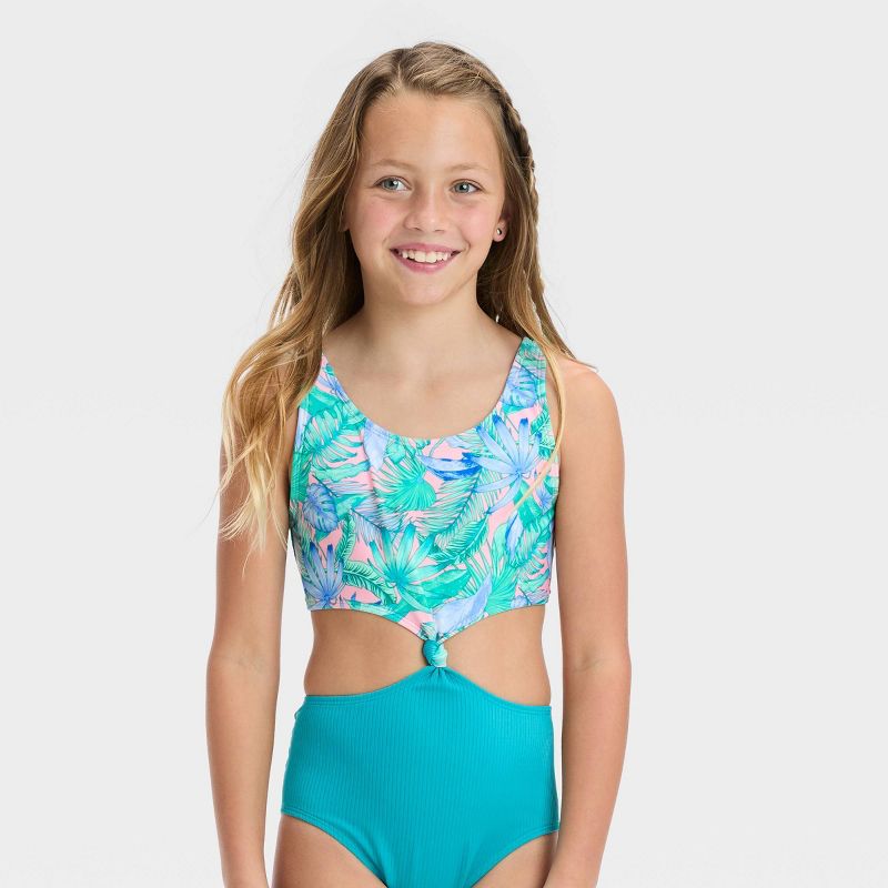 Girls' Floral Printed Tropical Twist Swimsuit - art class™ Light Blue, 1 of 5
