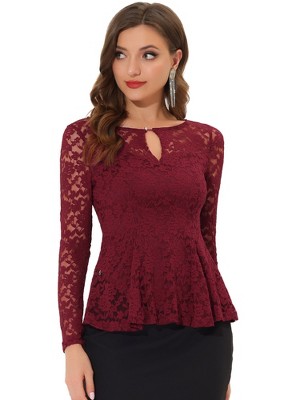 INSPIRE CHIC Women's Floral Lace Front Peplum Hem Keyhole Sheer Long Sleeve Blouse