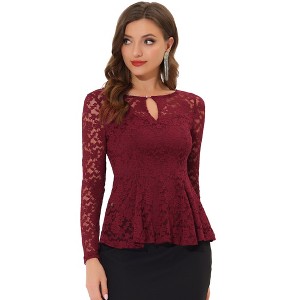 INSPIRE CHIC Women's Floral Lace Front Peplum Hem Keyhole Sheer Long Sleeve Blouse - 1 of 4