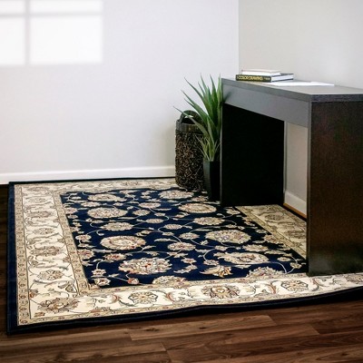 Ivory and Blue Hand-Knotted Synthetic Persian Area Rug