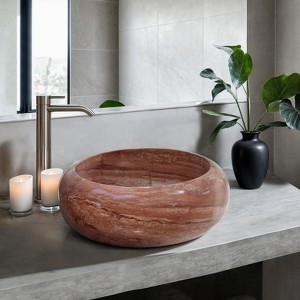 Red Travertine Vessel Sink – 16.14 Inch Round Hand-Polished Natural Stone Bathroom Sink, Durable Travertine Vanity Basin Modern and Rustic Bathroom - 1 of 3