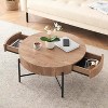 Round Coffee Table with Two Drawers, Circle Center Table, Farmhouse Coffee Table for Living Room, Wood Look Cocktail Table with Metal Frame - 4 of 4