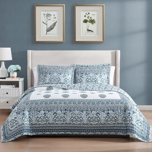 Bebejan Aquamarine Medallion 100% Cotton 3-Piece Reversible Quilted Coverlet Set - 1 of 4