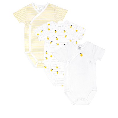 Stellou & Friends Unisex Crossbody Side Snap Onesies - Cotton Bodysuit - 3-pk - Yellow Lemons & Stripes / 18-24 Months