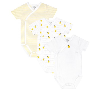 Image of Stellou & Friends Unisex Crossbody Side Snap Onesies - Cotton Bodysuit - 3-pk - Yellow Lemons & Stripes / 3-6 Months