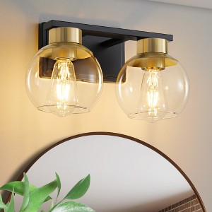 POWLIG 13.7-in 2-Light Black and Gold Bathroom Vanity Light with Clear Glass Shades, Bulbs not Included - 1 of 4