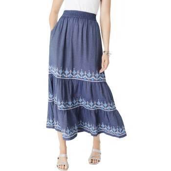Roaman's Women's Plus Size Embroidered Tiered Chambray Skirt